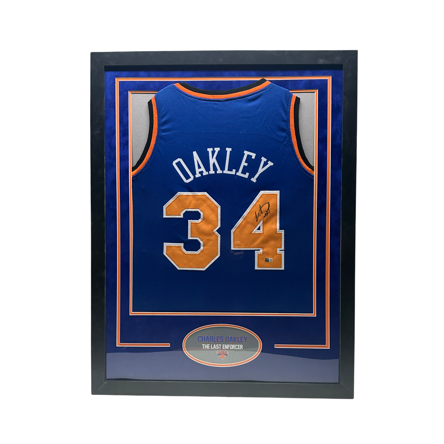 Charles Oakley Autographed New York Knicks Framed Blue Jersey Steiner CX - Oval Nameplate