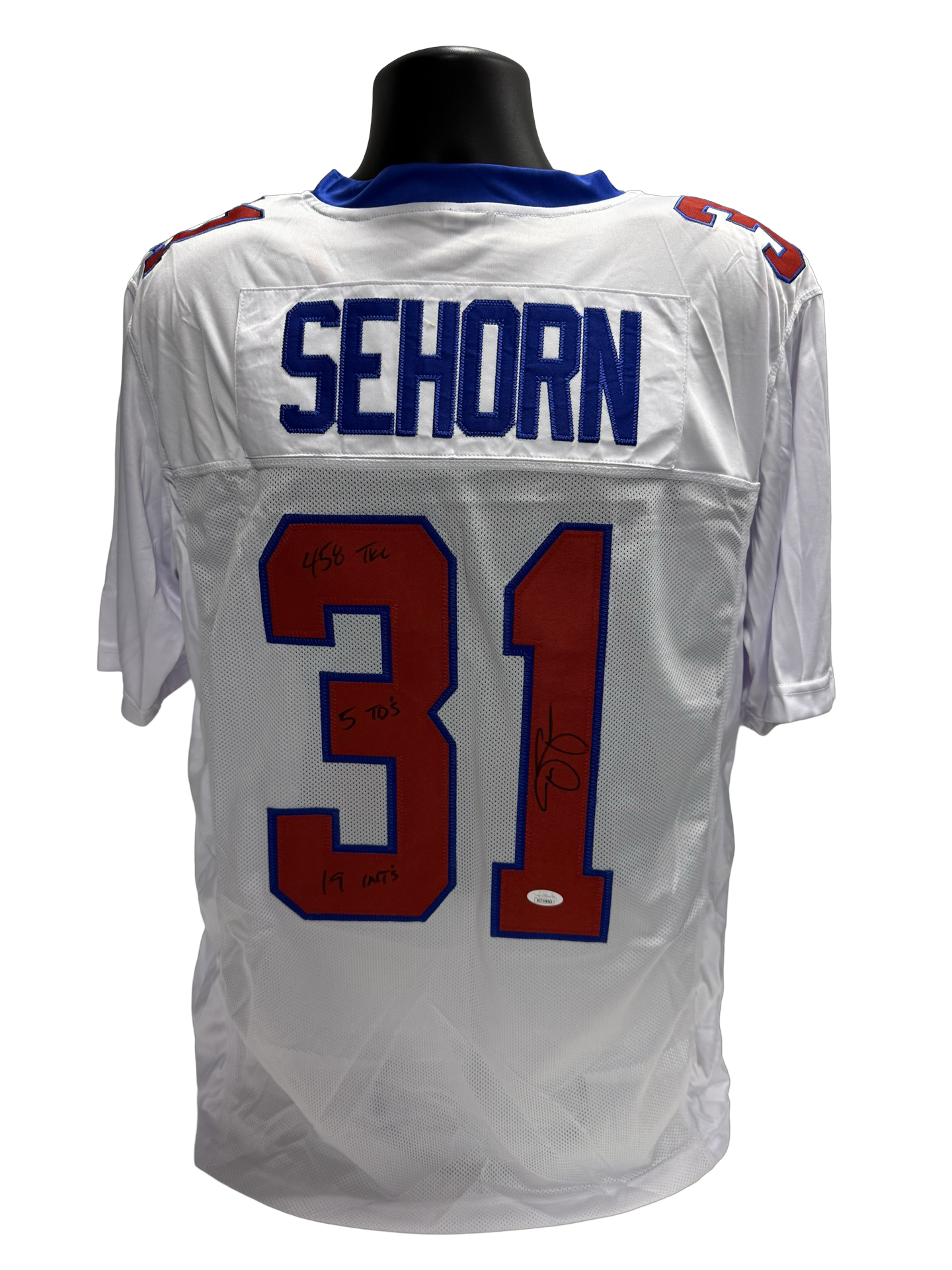 Jason Sehorn Autographed New York Giants "458 TKC, 5 TD's, 19 INT'S" Inscribed White Jersey JSA