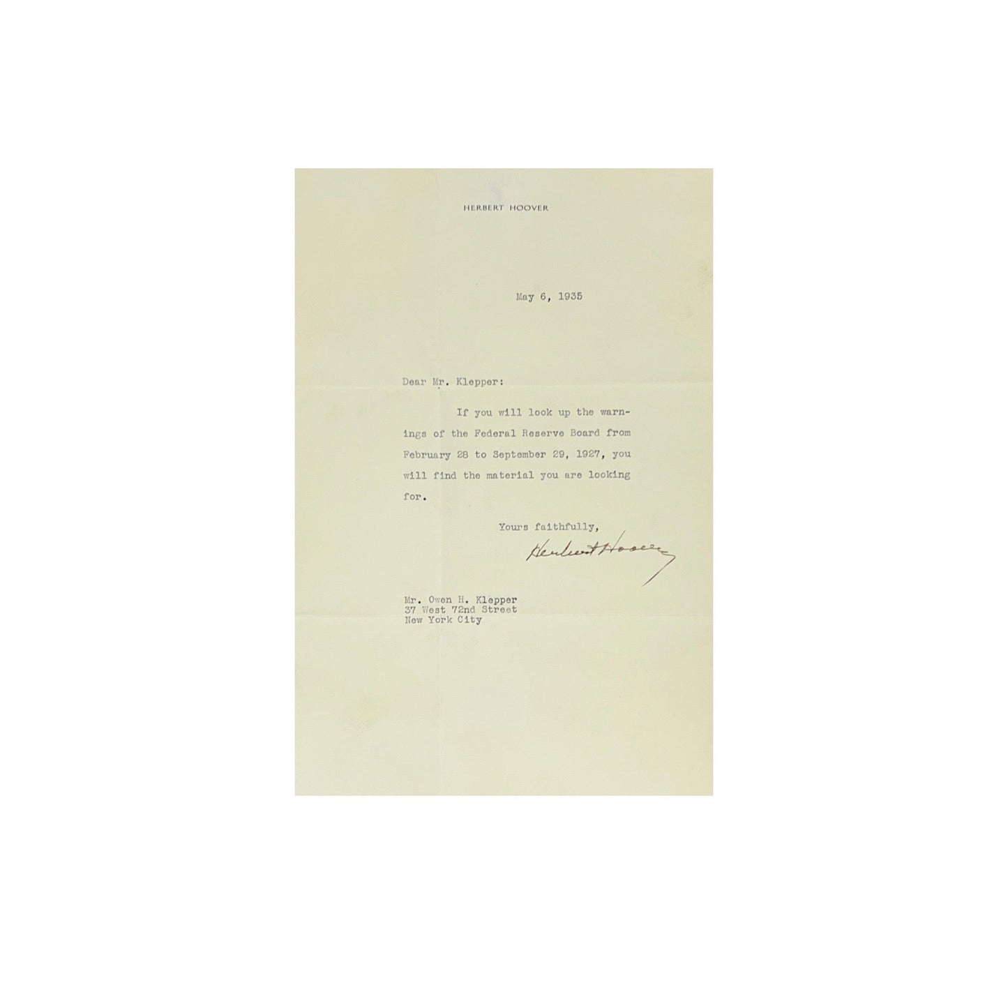 Herbert Hoover Autographed 7x10 Typed Letter JSA