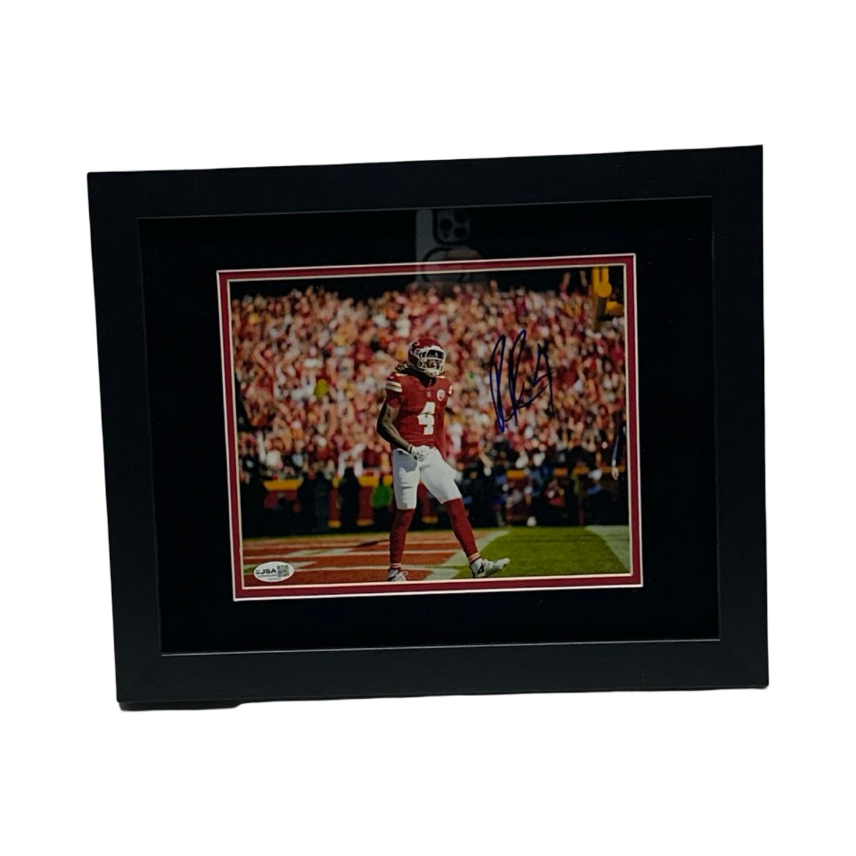Framed Rashee Rice Autographed Kansas City Chiefs Red Jersey Celebrating 8x10 Photo JSA COA