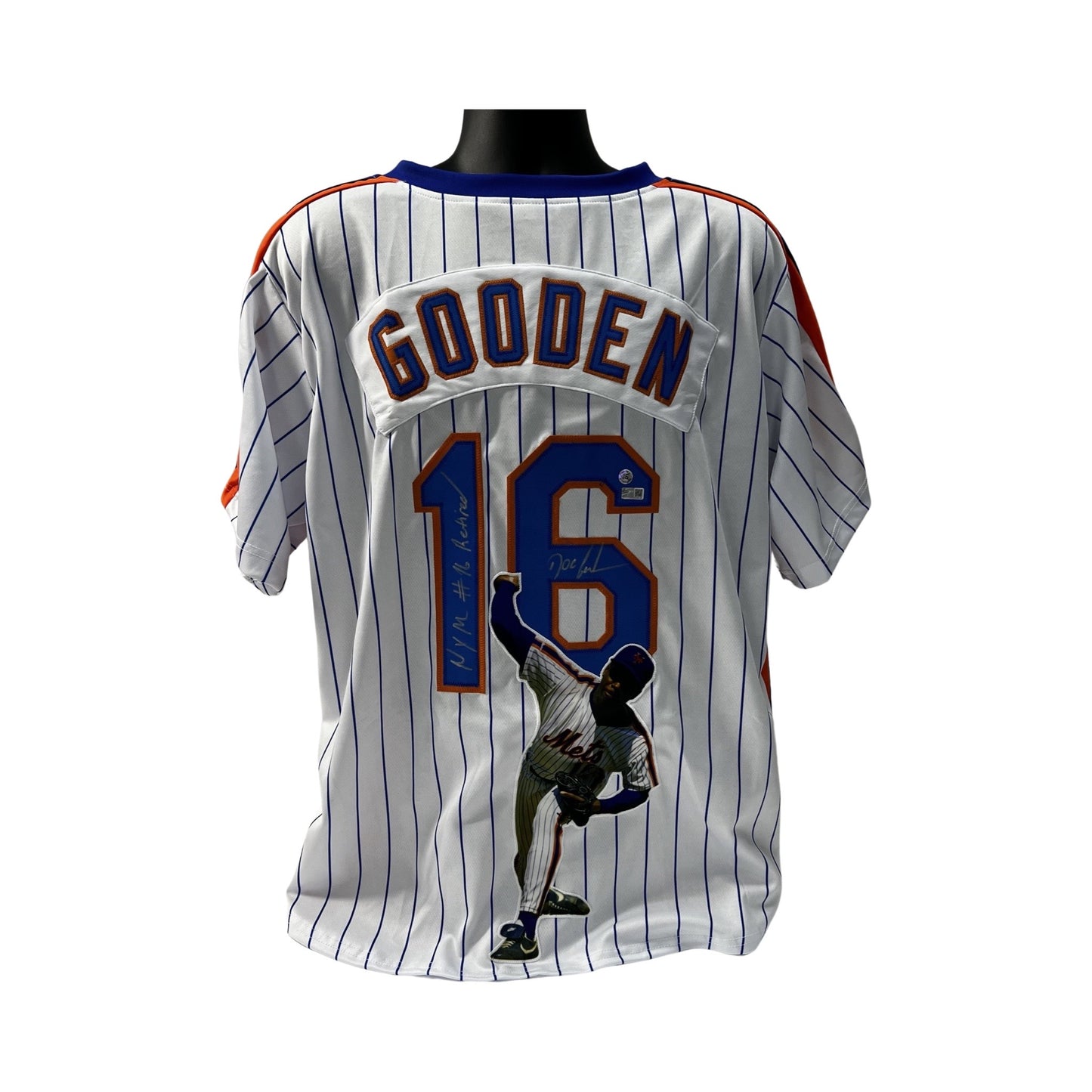 Doc Gooden Autographed New York Mets Pinstripe Art Jersey "NYM #16 Retired" Inscription Steiner CX / Doctor K Authenticated