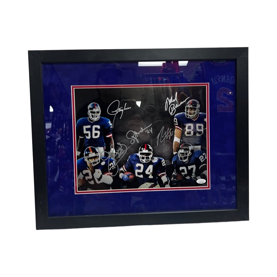 Lawrence Taylor, Mark Bavaro, Joe Morris, Rodney Hampton & OJ Anderson Autographed. New York Giants Blackout 11x14 JSA