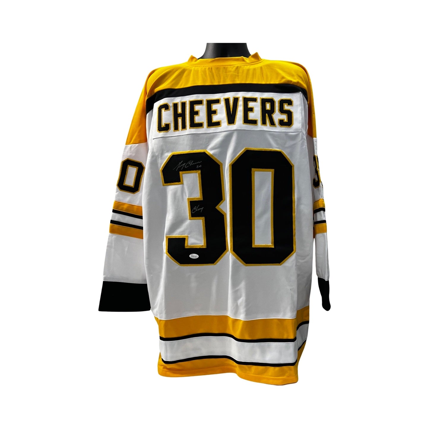 Gerry Cheevers Autographed Boston Bruins White Jersey "Cheesie" Inscription JSA