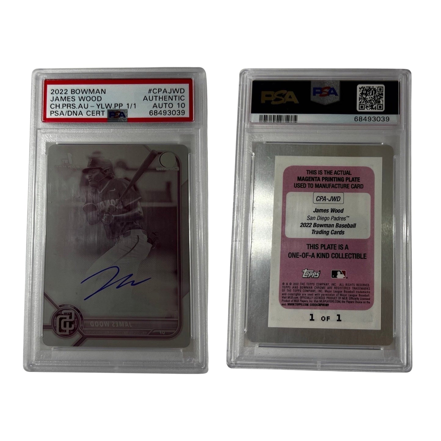 2022 Bowman James Wood #CPAJWD Printing Plate 1/1 PSA Auto 10