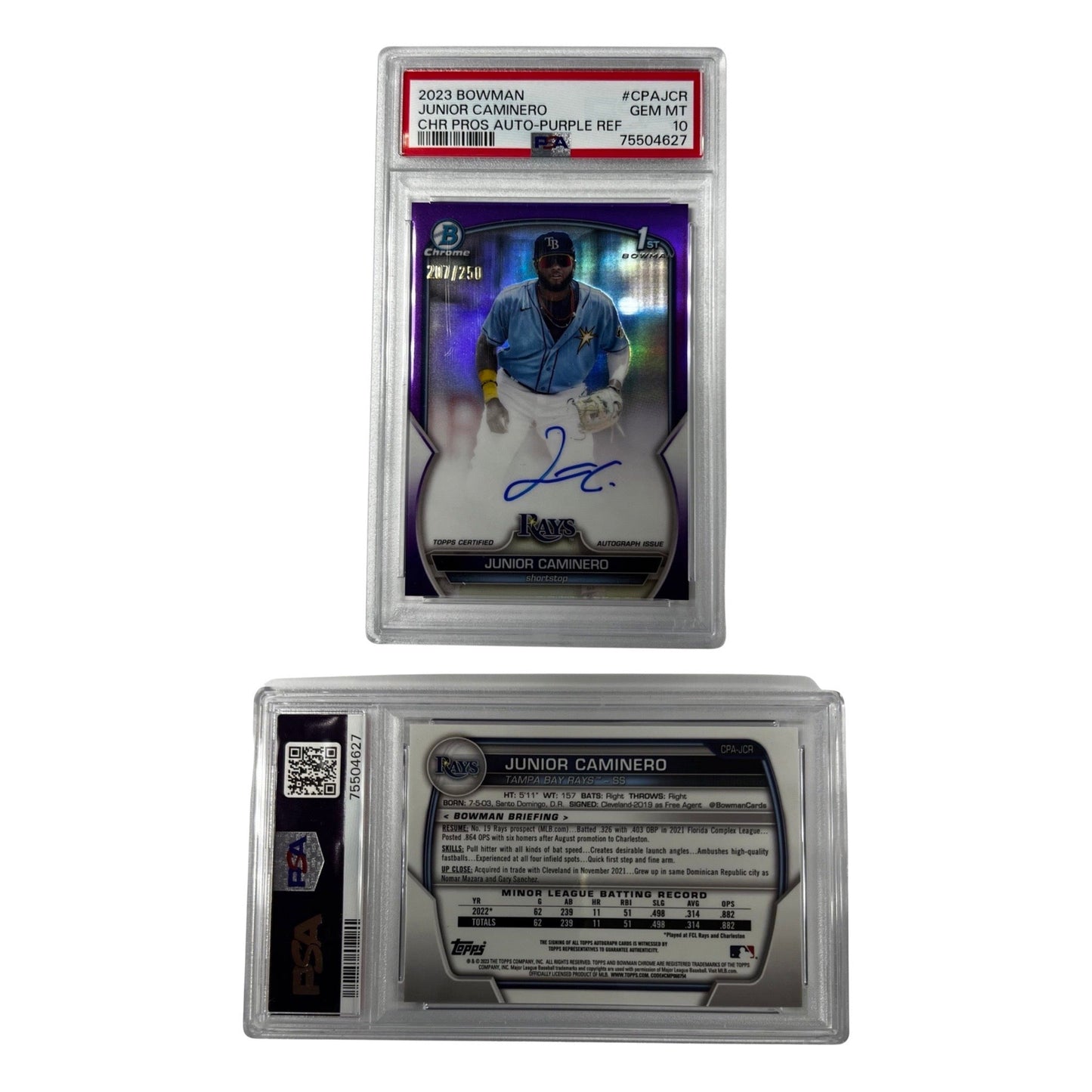 2023 Bowman Junior Caminero #CPAJCR Chrome Prospect Auto Purple Refractor /250 Gem Mint 10