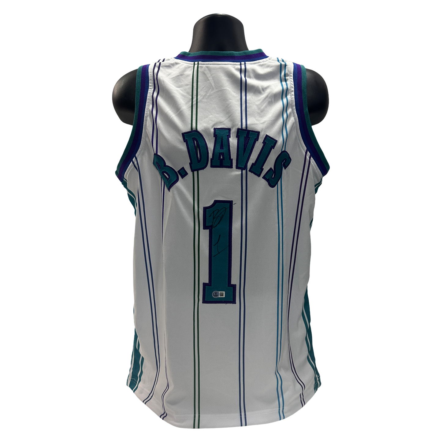 Baron Davis Autographed Charlotte Hornets White Striped Jersey Beckett BAS