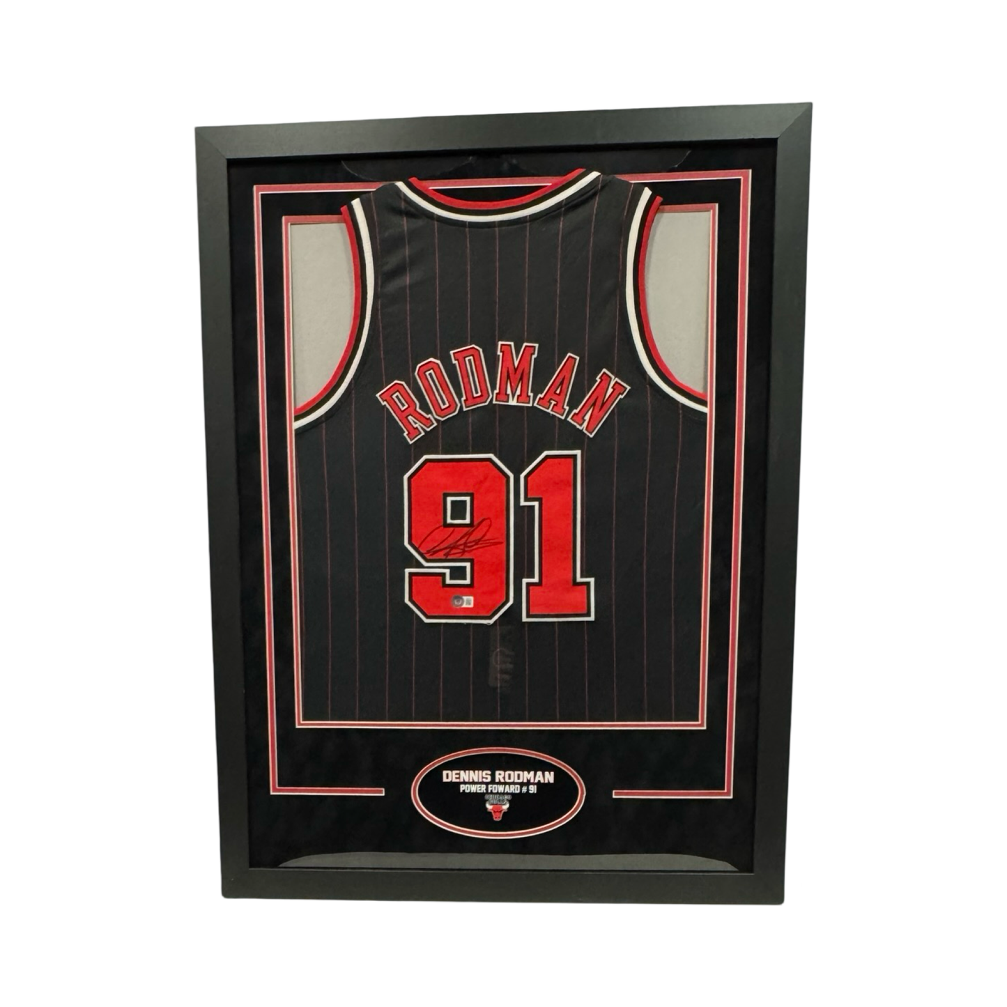 Dennis Rodman Autographed Chicago Bulls Framed Black Pinstripe Jersey Beckett