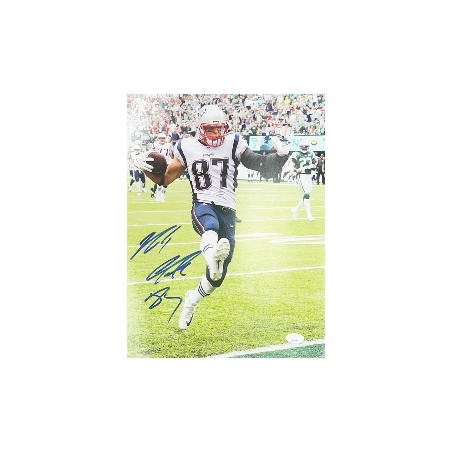 Rob Gronkowski Autographed New England Patriots White Jersey Vertical 11x14 JSA