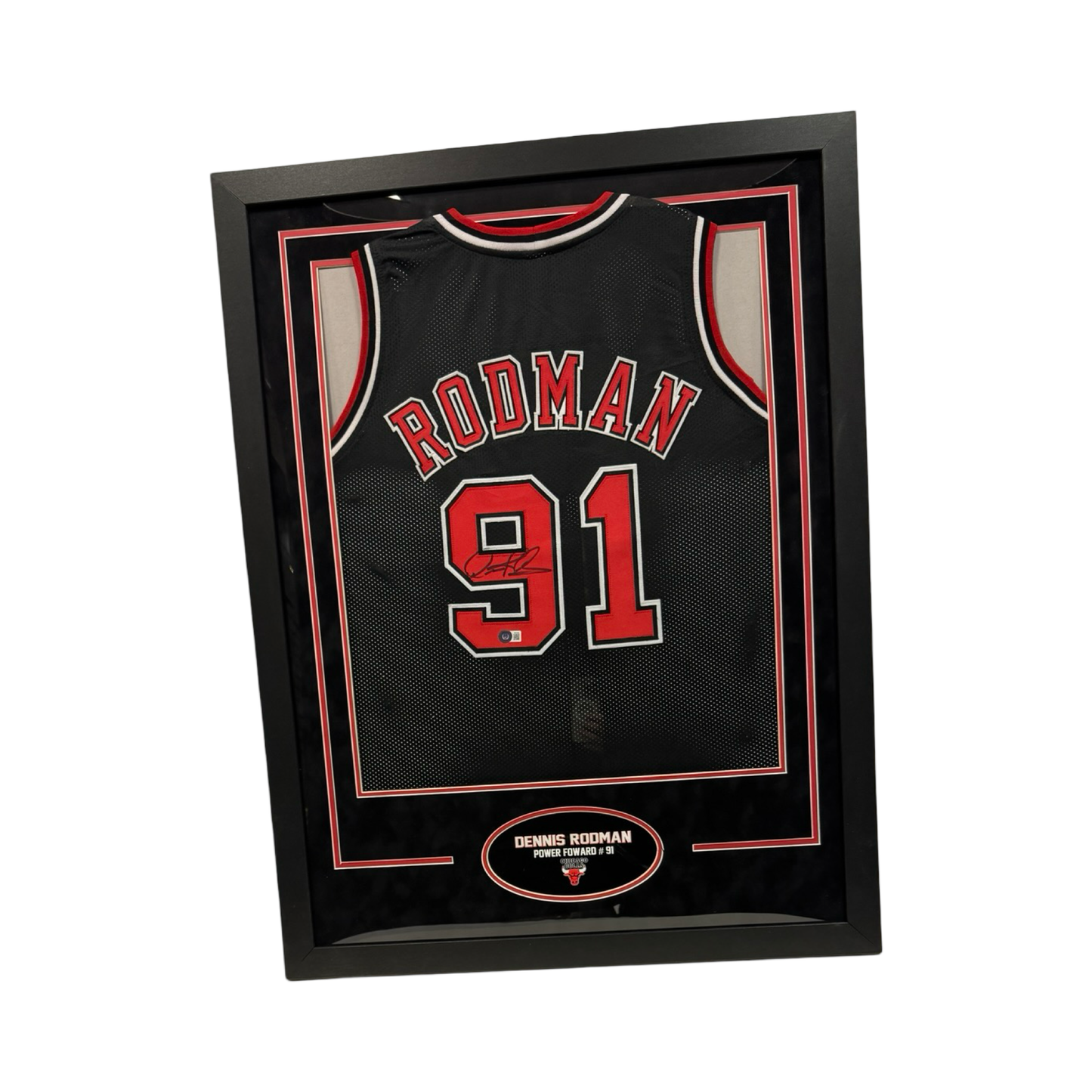 Dennis Rodman Autographed Chicago Bulls Framed Black Jersey Beckett