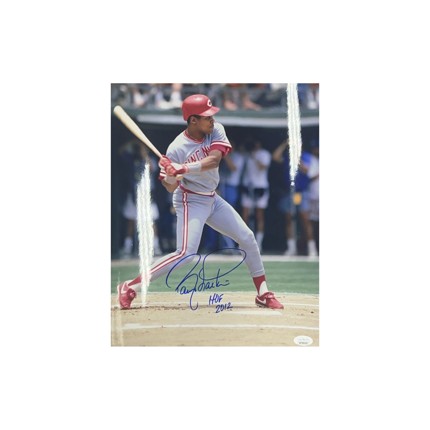 Barry Larkin Autographed Cincinatti Reds Swing Vertical 11x14 "HOF 2012" JSA