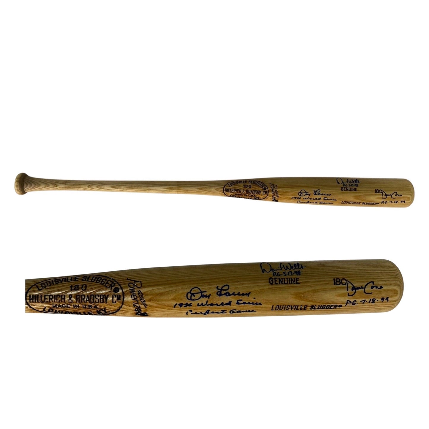 Don Larsen, David Cone & David Wells Autographed Tan Louisville Slugger Bat With Perfect Game Inscriptions JSA