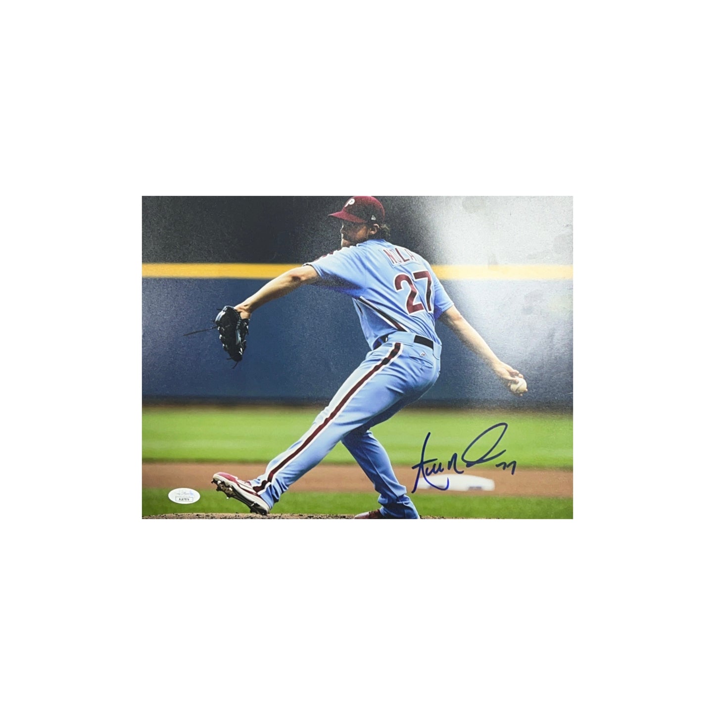 Aaron Nola Autographed Philadelphia Phillies Blue Jersey Pitch 11x14 JSA