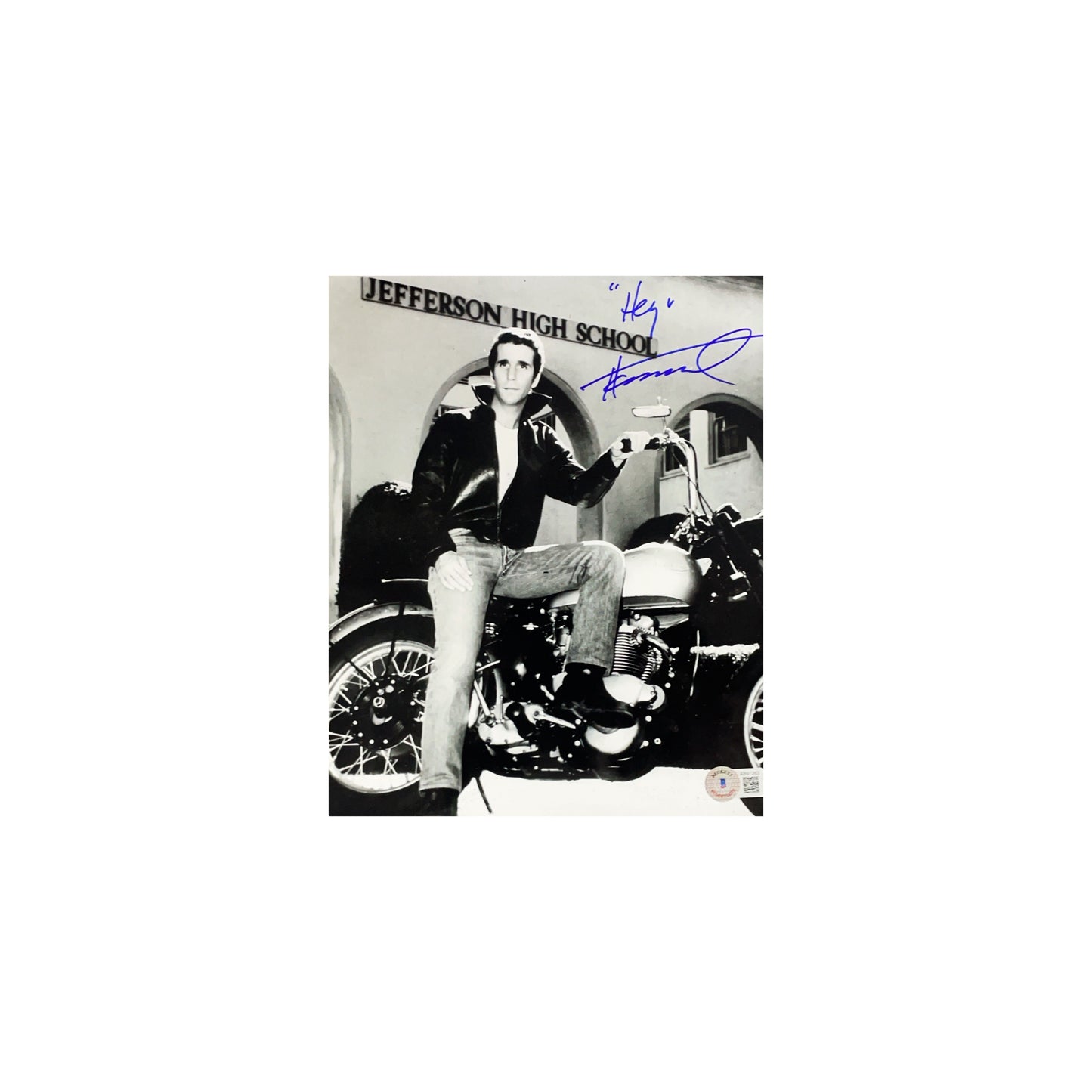 Henry Winkler Autographed Happy Days On Bike 8x10 "Hey" Inscription Beckett