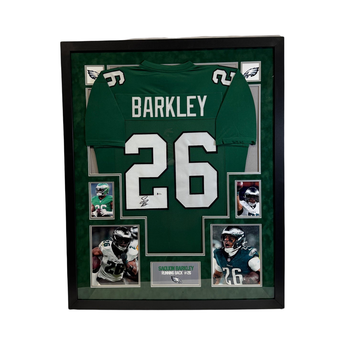 Saquon Barkley Autographed Philadelphia Eagles Jersey Beckett - Green Suede Framed