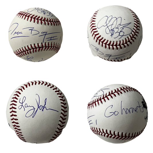 Larry Johnson, Muggsy Bogues, Alonzo Mourning Autographed Charlotte Hornets "GO HORNETS" Inscribed OMLB Steiner CX