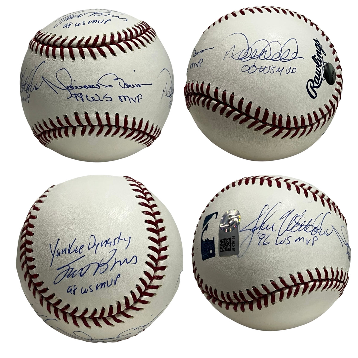 Derek Jeter, Mariano Rivera, Scott Brosius & John Wetteland Autographed New York Yankees OMLB "99 WS MVP, OO WS MVP, 96 WS MVP, 98 WS MVP & Yankee Dynasty" Inscriptions Steiner