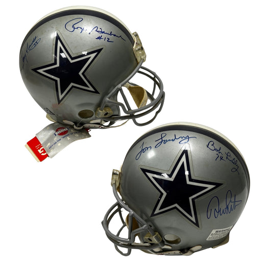 Roger Staubach, Tom Landry & Bob Lily Autographed Dallas Cowboys Riddell Authentic Helmet JSA