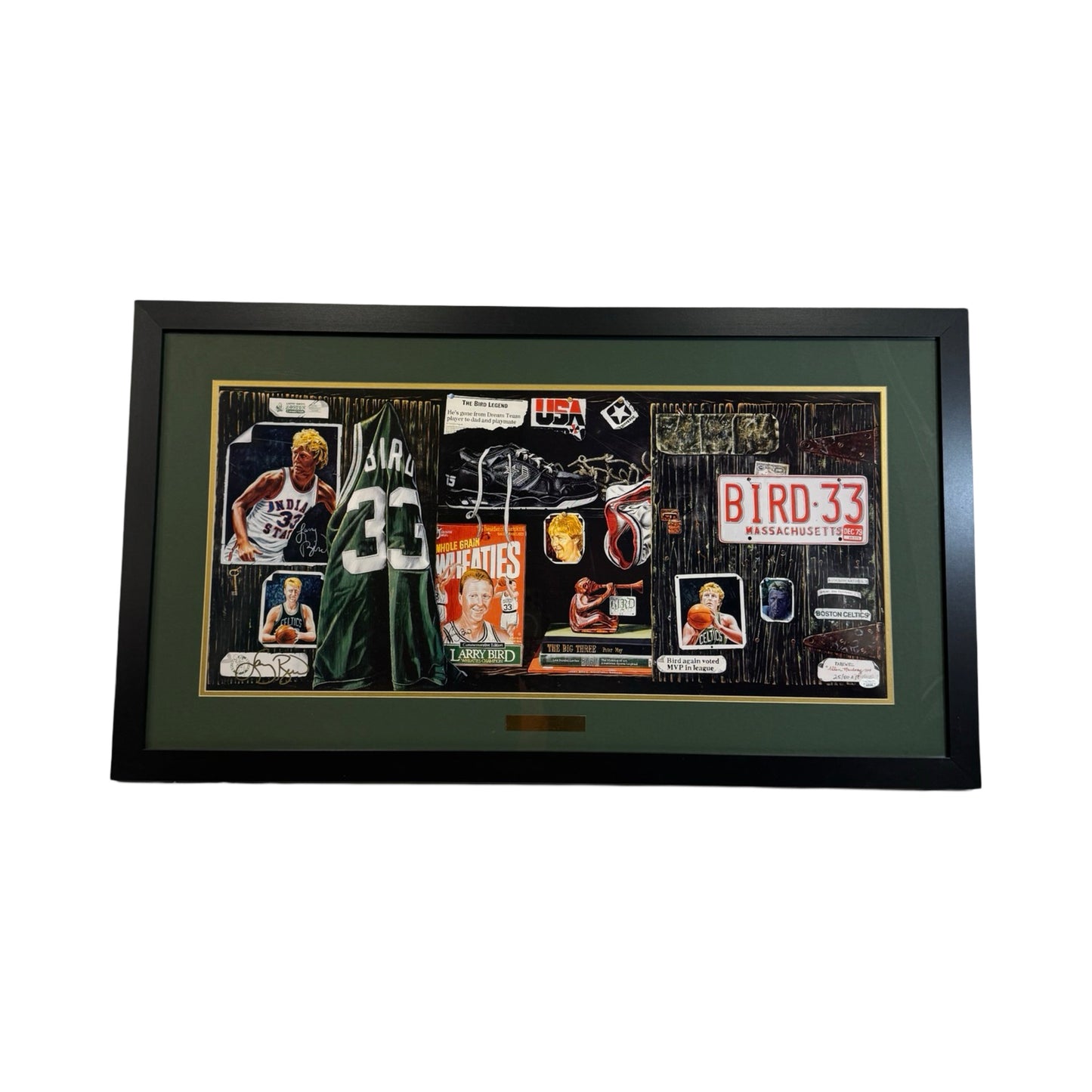 Larry Bird Autographed Boston Celtics Framed 16x36 Allen Hackney Art /50 JSA 24x43 Frame