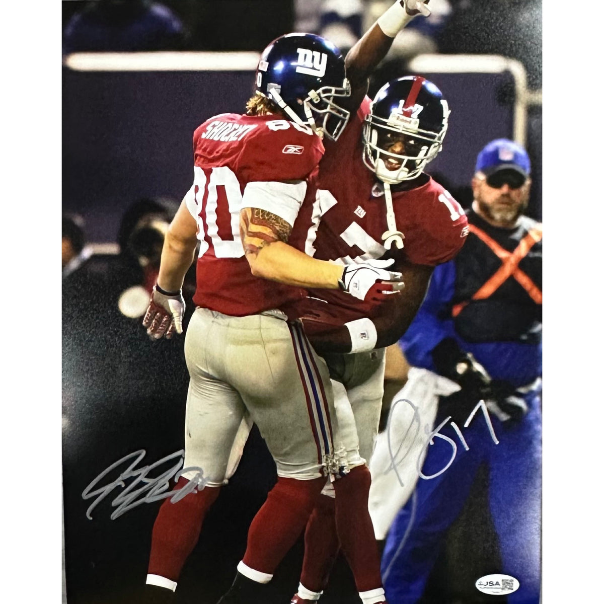 Jeremy Shockey & Plaxico Burress Autographed Red Jerseys New York Giants 11x14 JSA