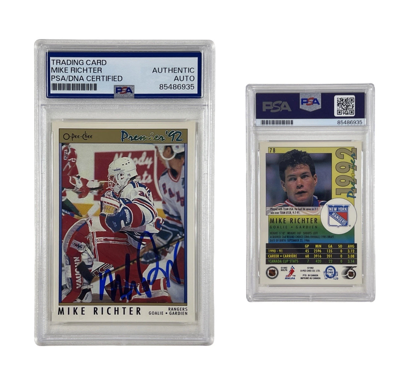 1992 Mike Richter Autographed Premier '92 O-Pee-Chee #78 Authentic Auto