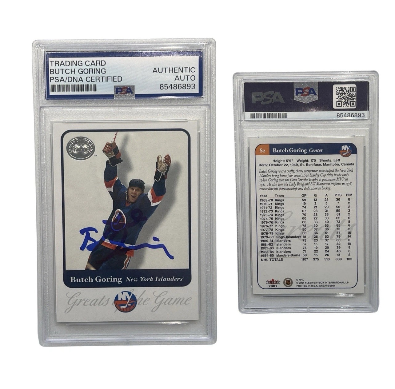 2001 Butch Goring Autographed Greats of the Game Fleer #82 PSA Authentic Auto