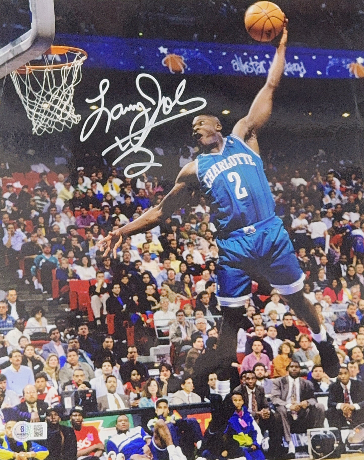 Larry Johnson Autographed Charlotte Hornets Dunk Teal Jersey 11x14 Beckett