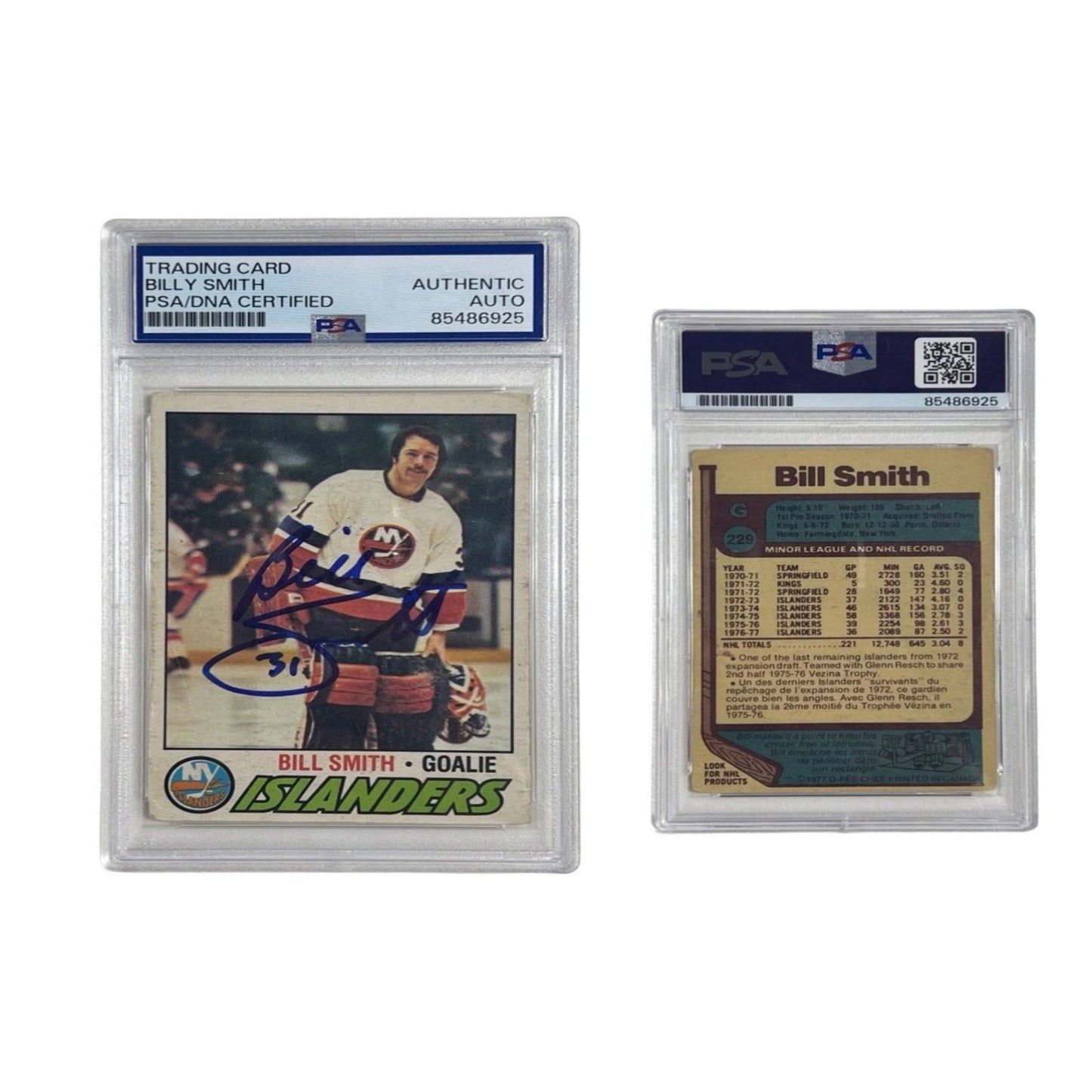 1977 Billy Smith Autographed O-Pee-Chee #229 PSA Authentic Auto