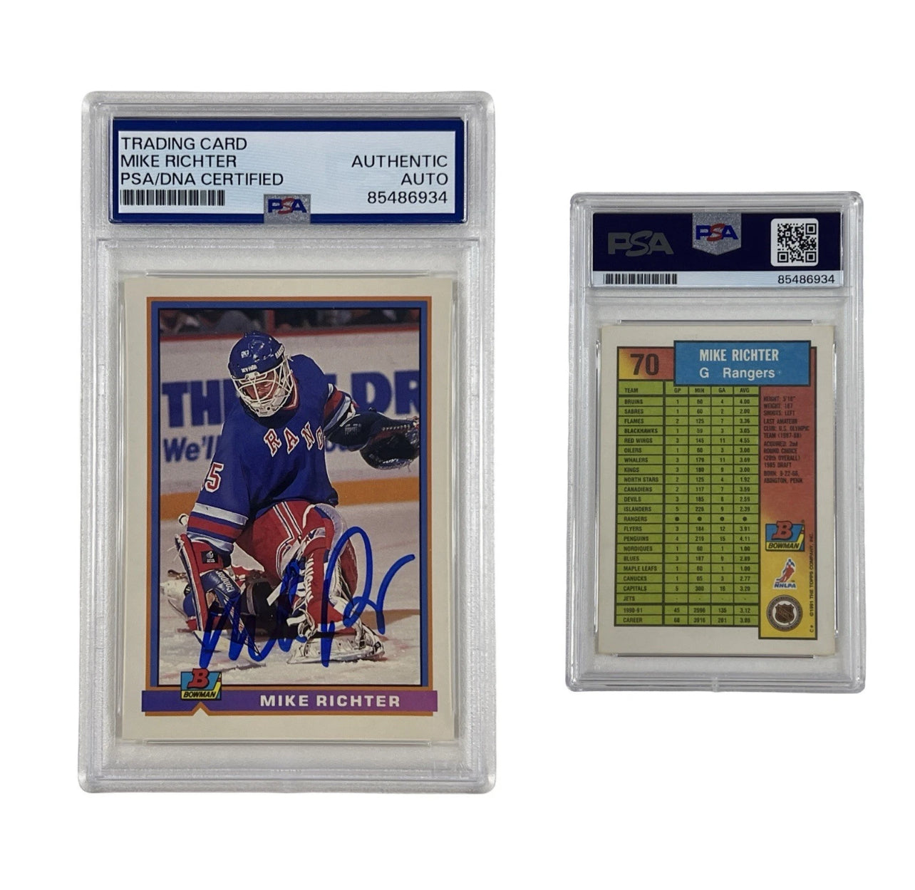 1991 Mike Richter Autographed Bowman Topps #70 Authentic Auto