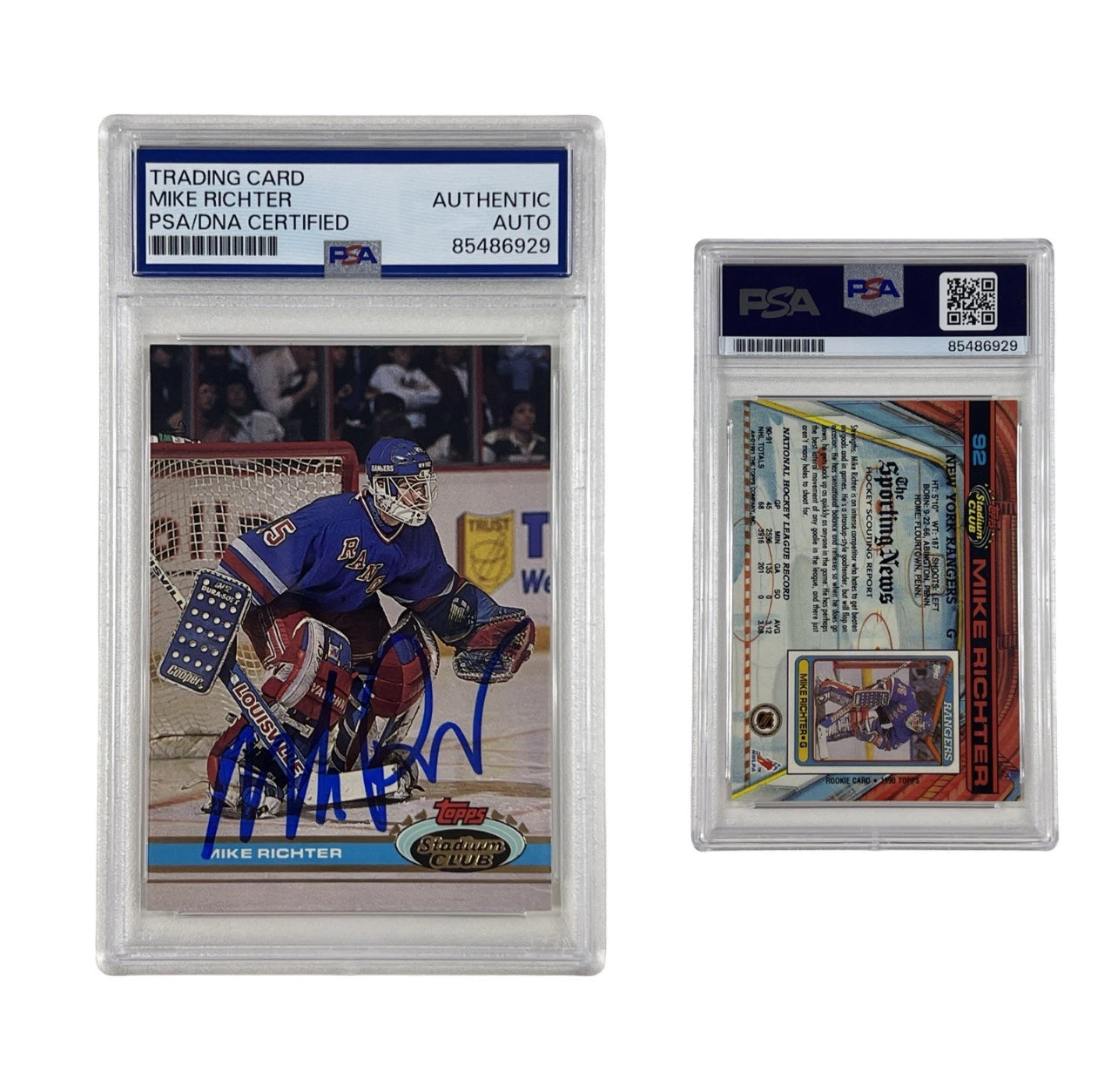 1991 Mike Richter Autographed Stadium Club Topps #92 Authentic Auto