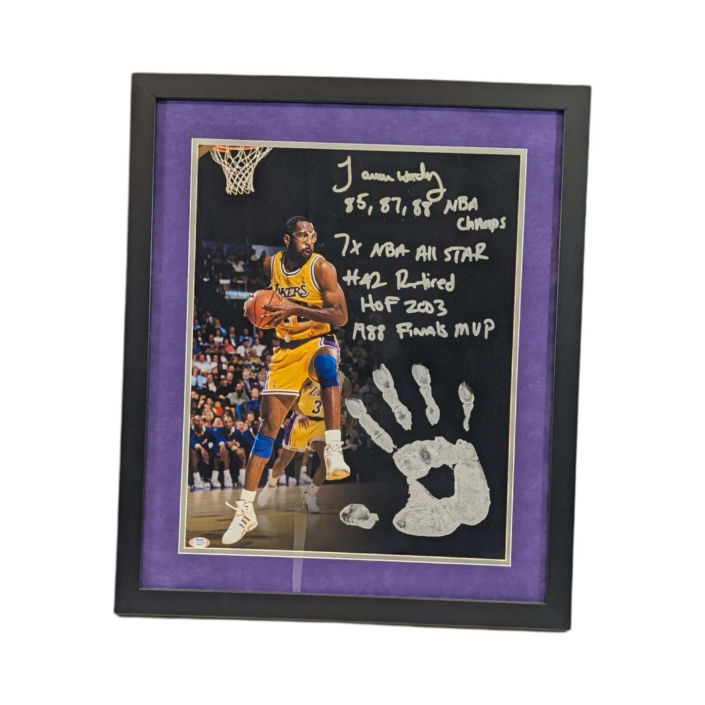 James Worthy Autographed Los Angeles Lakers Framed 16x20 "Big Game James, 85, 87, 88 NBA Champs, 7x All Star, #42 Retired, HOF 2003, 1988 Finals MVP" Inscriptions PSA
