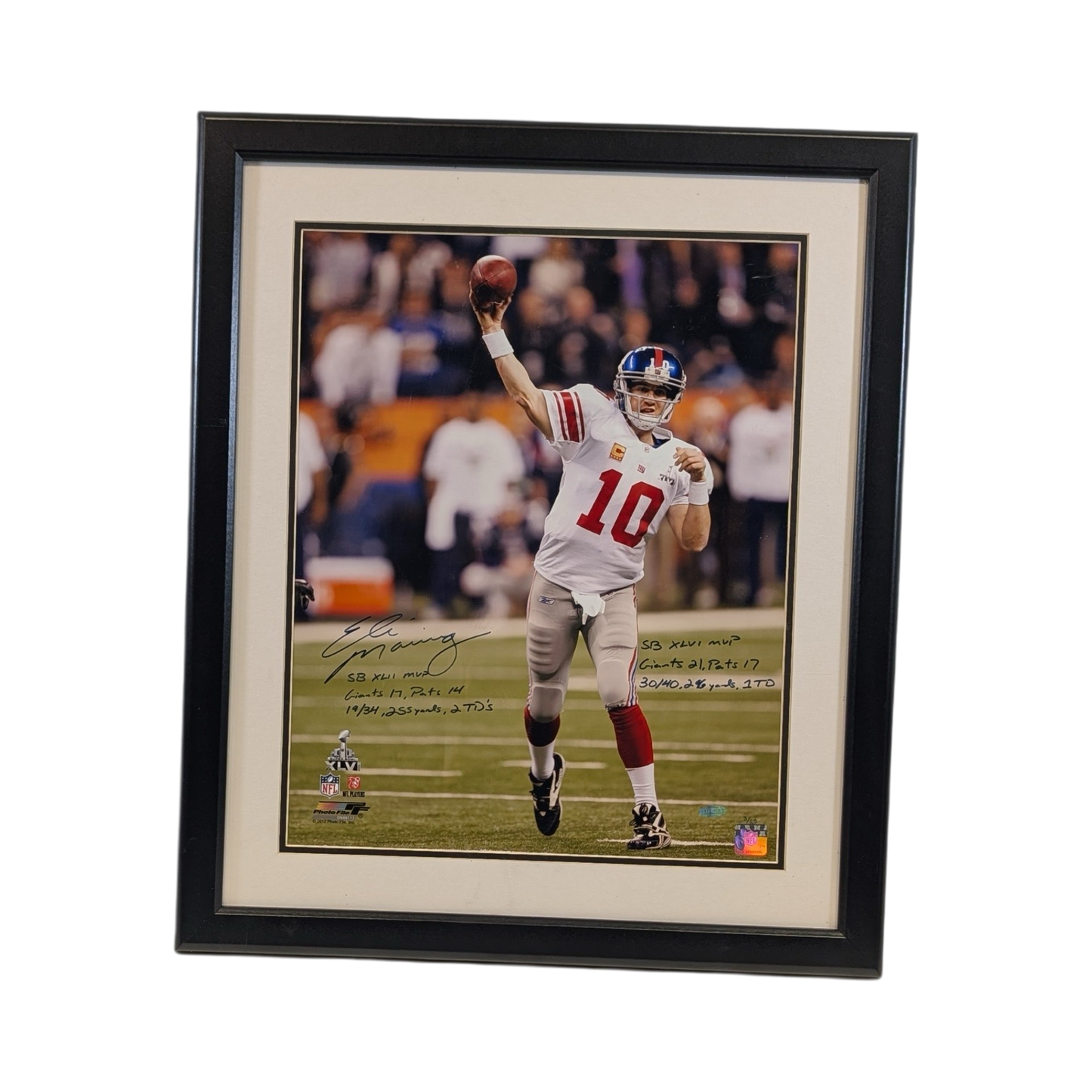Eli Manning Autographed New York Giants Framed 16x20 "SB XLII MVP, GIANTS 17 PATS 14, 19/34, 255 YARDS, 2TDS" Inscriptions Steiner