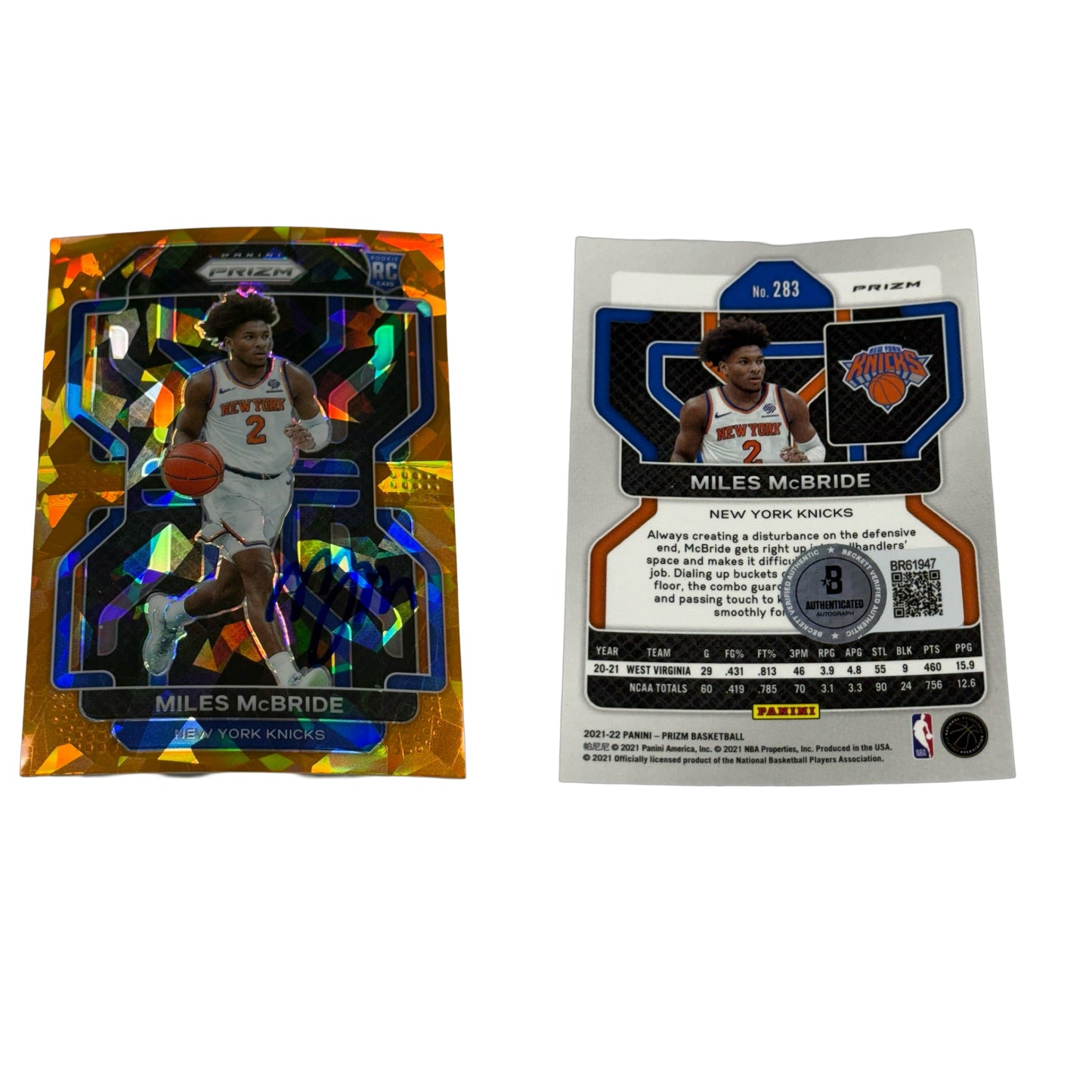 Miles McBride Autographed 2021-22 Prizm Orange Cracked Ice Prizm Rookie Card #283 Beckett