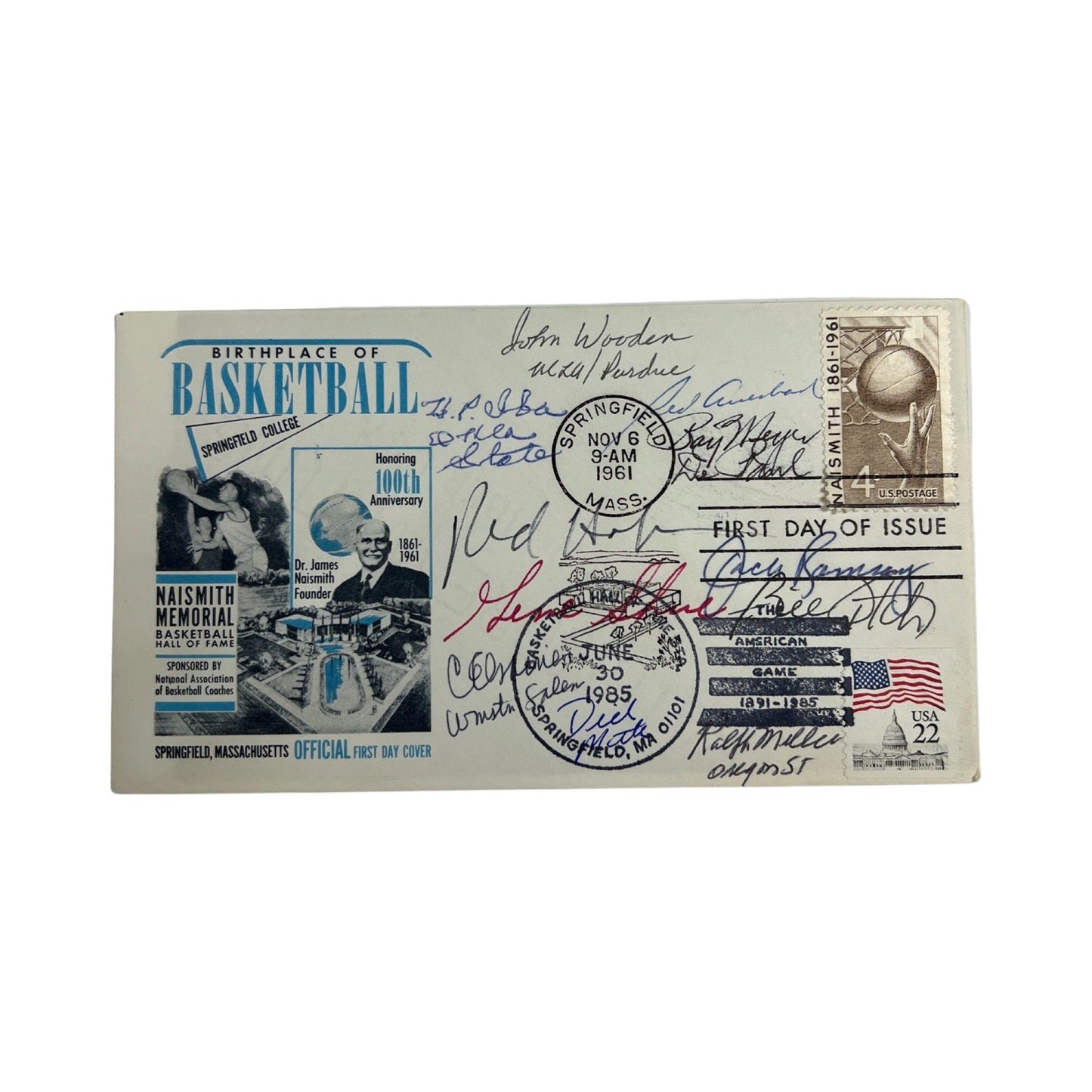 John Wooden, Red Auerbach, Red Holzman, Ray Meyer, Jack Ramsay, Henry Iba, Gene Shue, Bill Fitch Autographed Envelope JSA