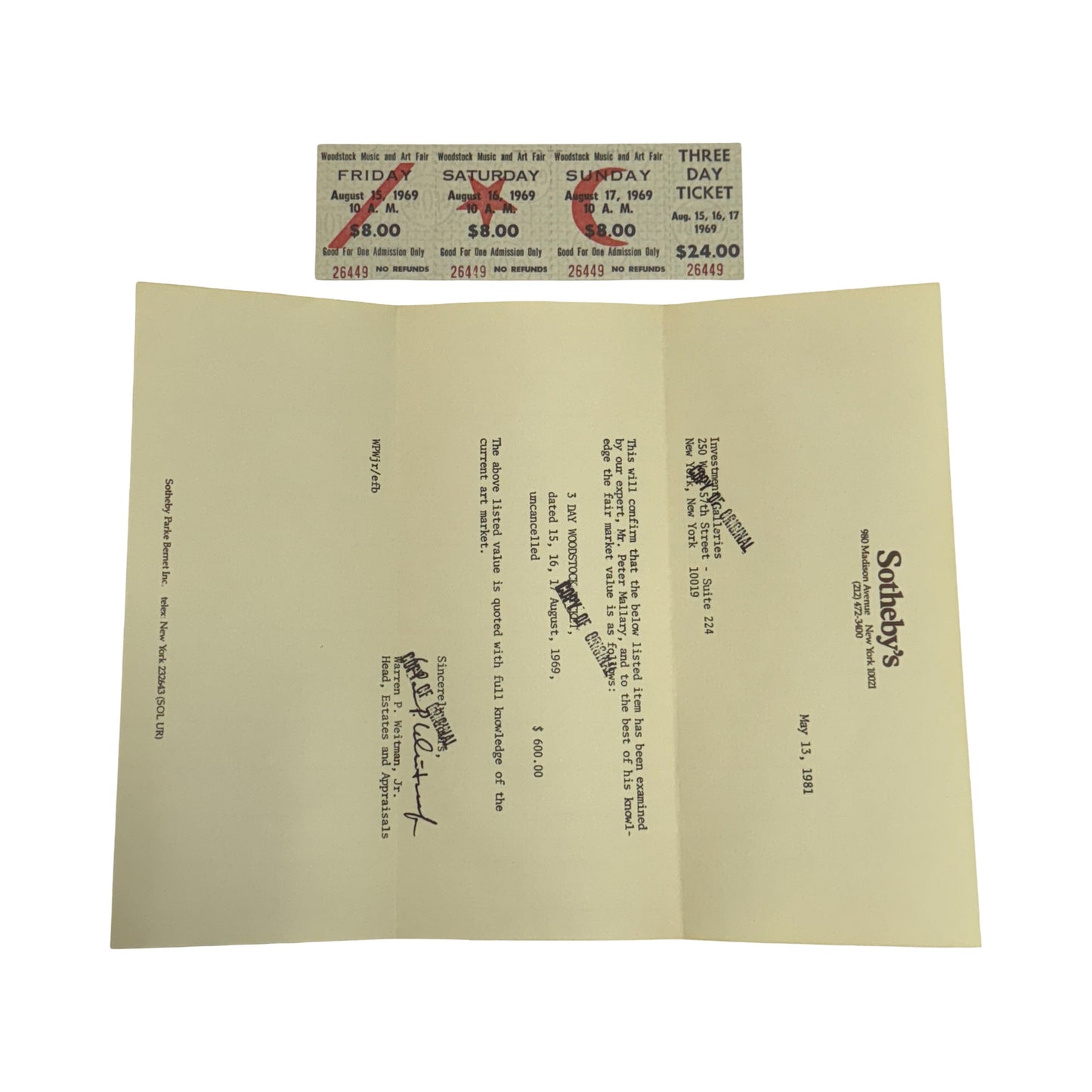 1969 Woodstock 3 Day Ticket Authentic Unused 1969 Music Rock & Roll Rare