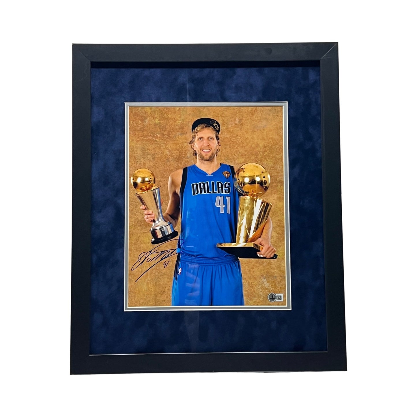 Dirk Nowitzki Autographed Dallas Mavericks Holding Trophys 11x14 Beckett - Framed