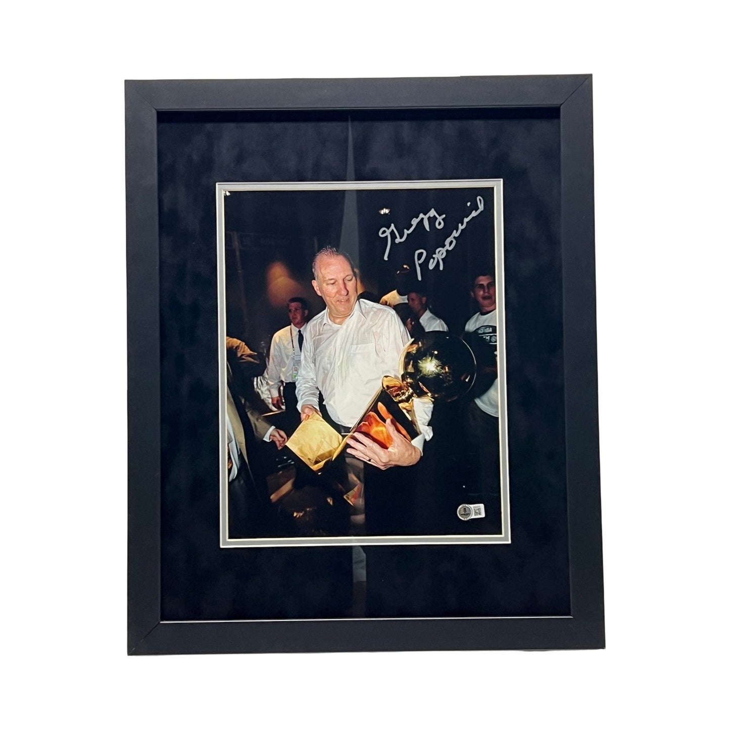Gregg Popovich Autographed San Antonio Spurs Holding Trophys 11x14 Beckett - Framed