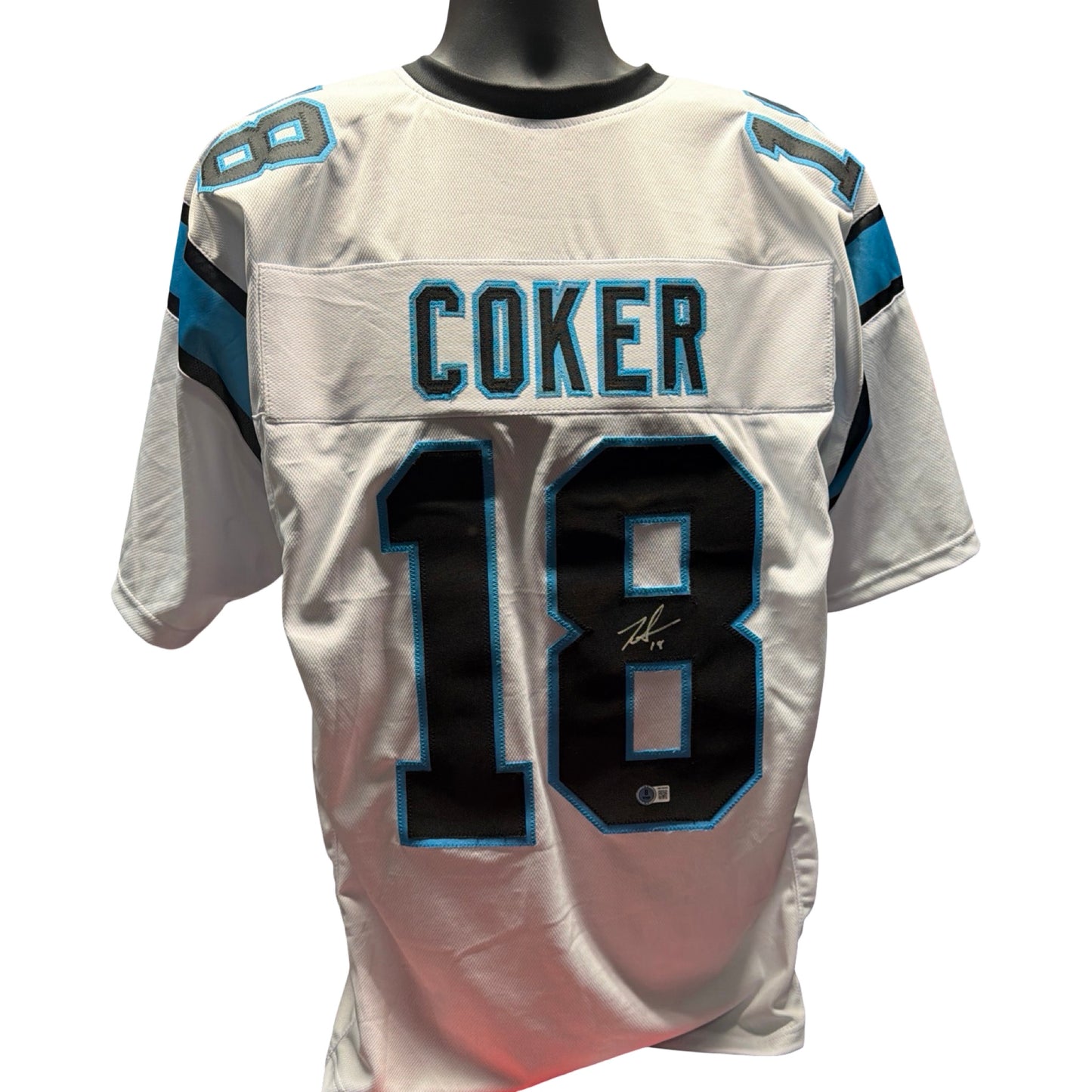 Jalen Coker Signed White Jersey Carolina Panthers Autographed Beckett BAS COA