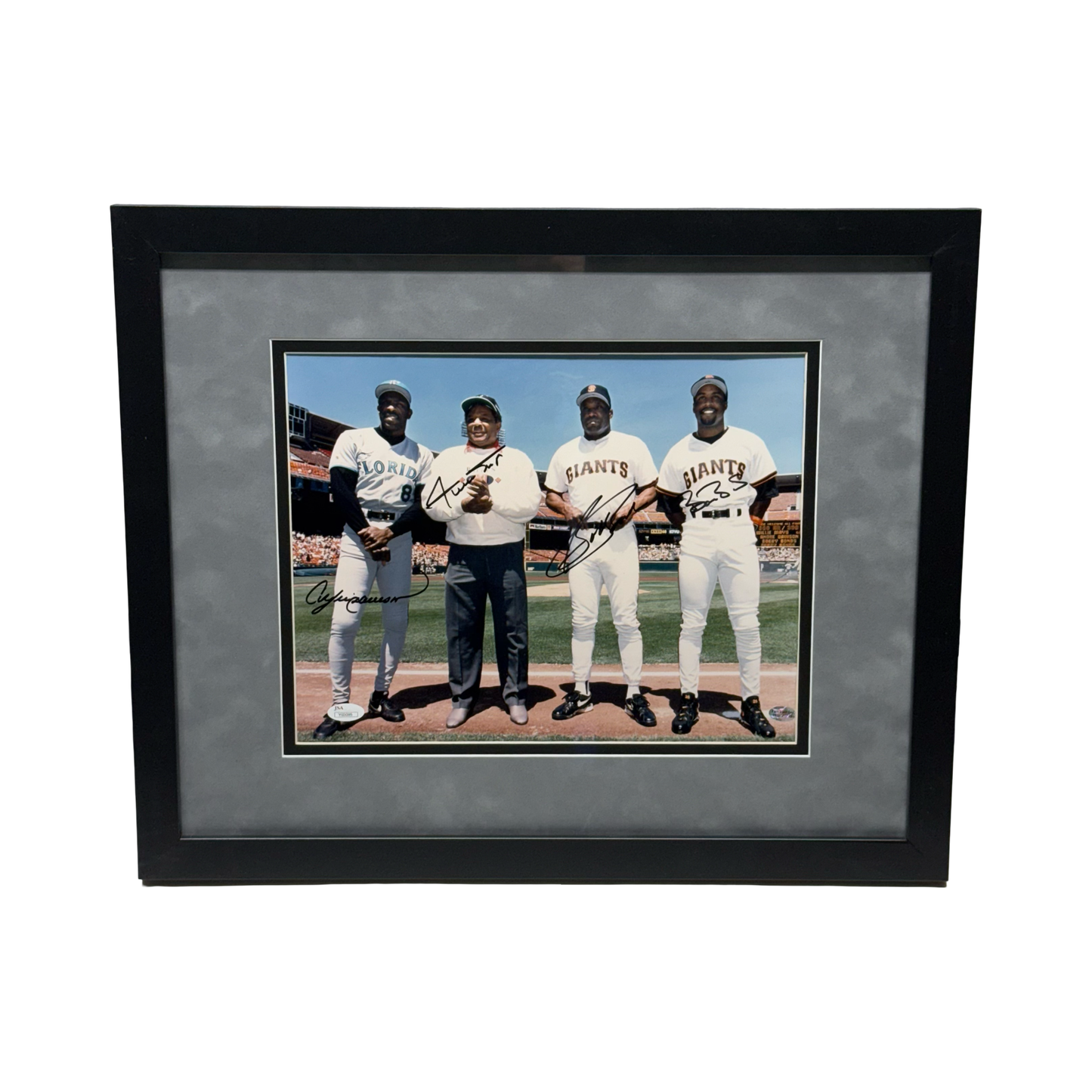 Willie Mays, Barry Bonds, Bobby Bonds & Andre Dawson Autographed 11x14 JSA - Framed
