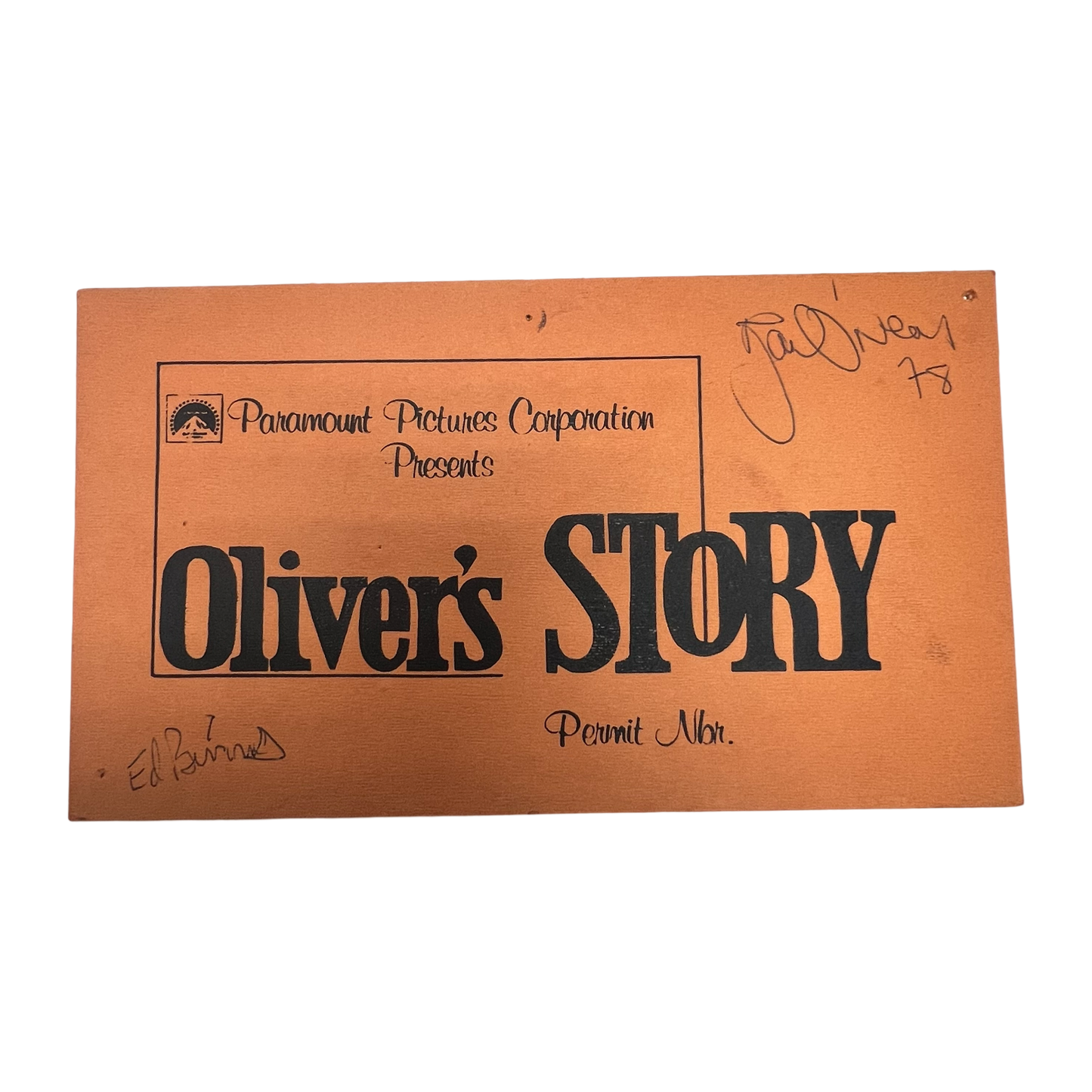 Ryan O’Neal & Edward Binns Autographed Oliver’s Story Parking Sign JSA LOA