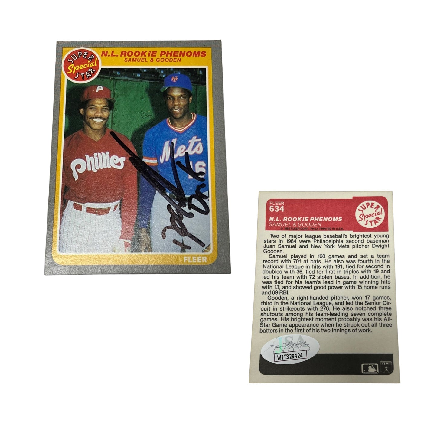 1985 Fleer #634 NL Rookie Phenoms Juan Samuel & Doc Gooden Auto JSA