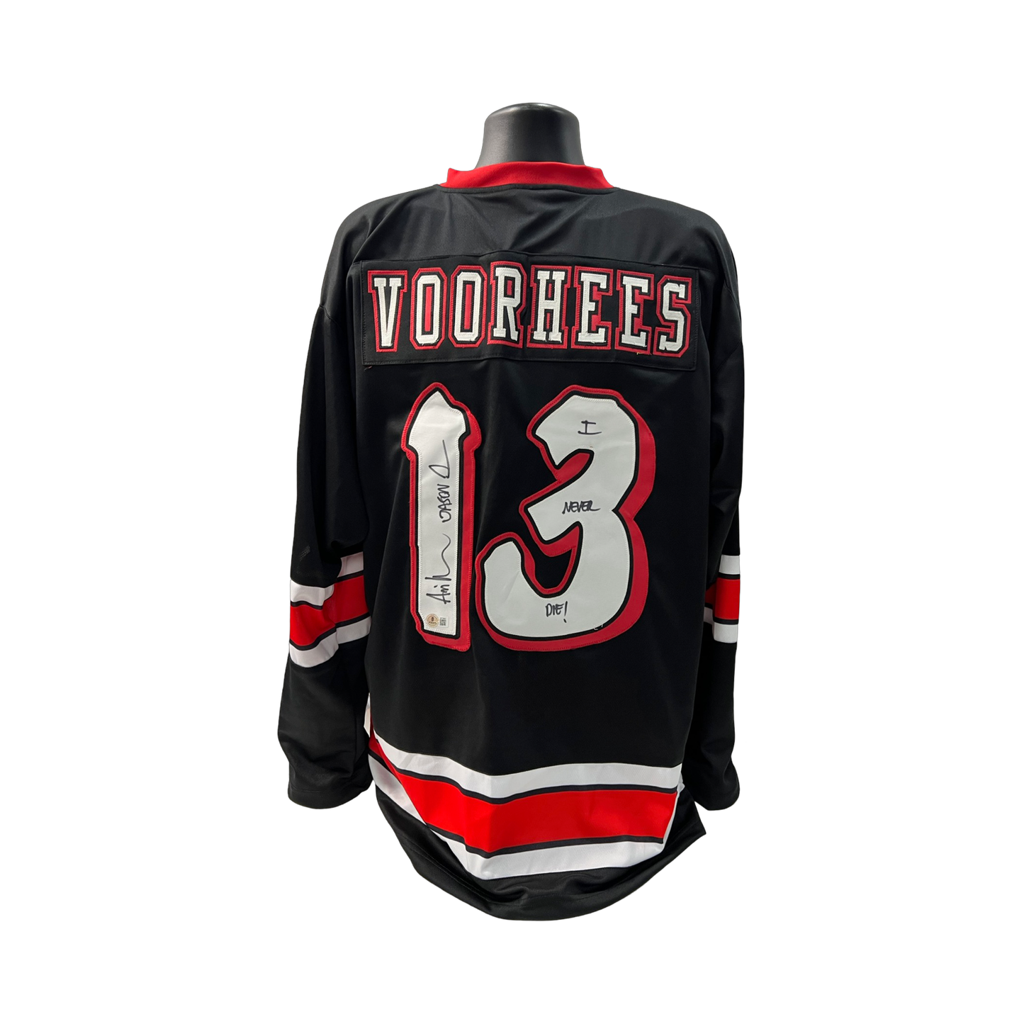 Ari Lehman Autographed Jason Voorhees Friday the 13th Black Jersey “I Never Die!, Jason 1” Inscriptions Beckett