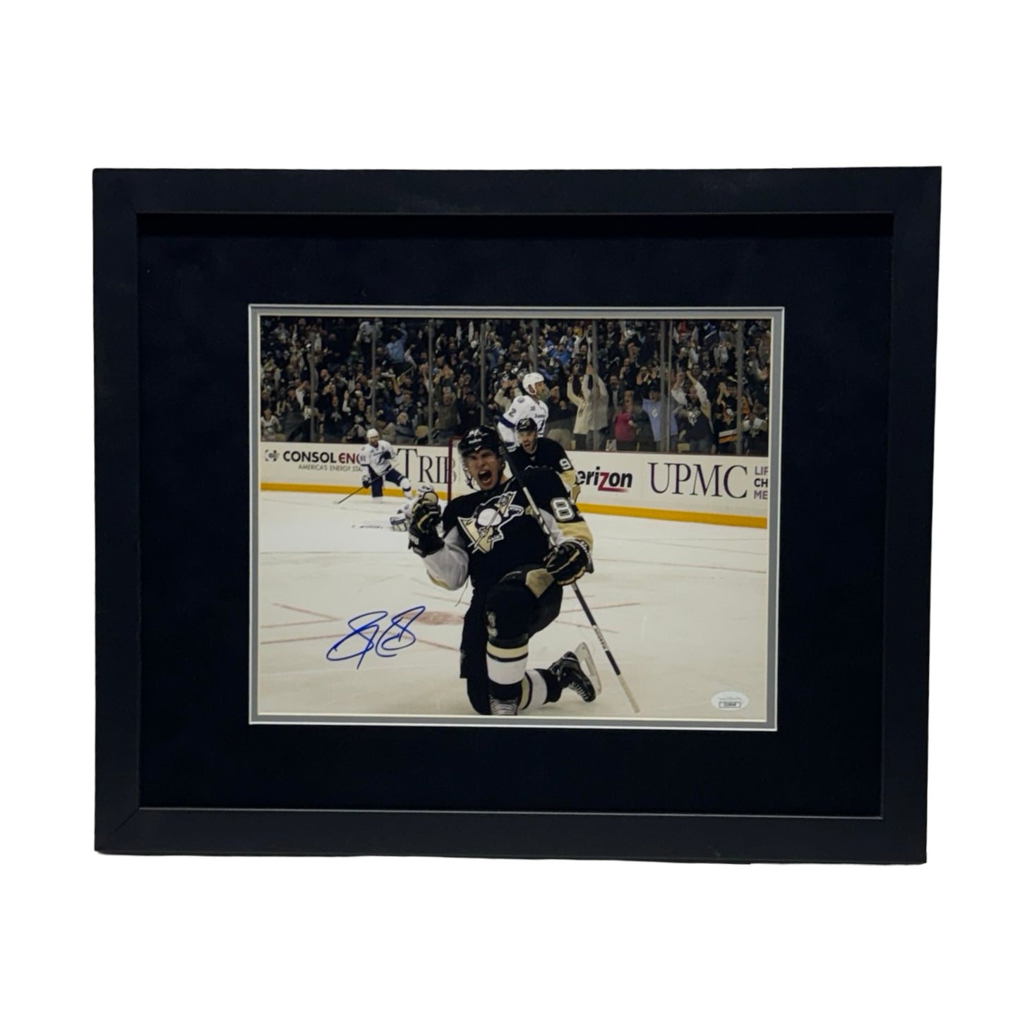 Sidney Crosby Autographed Pittsburgh Penguins Black Jersey Horizontal 11x14 JSA - Framed
