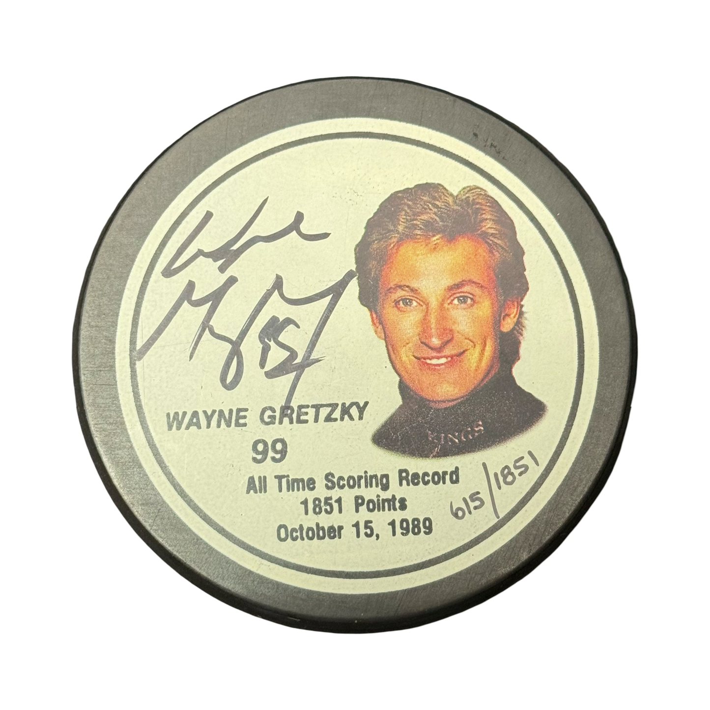 Wayne Gretzky Autographed Los Angeles Kings Fotoball Puck 615/1851 JSA