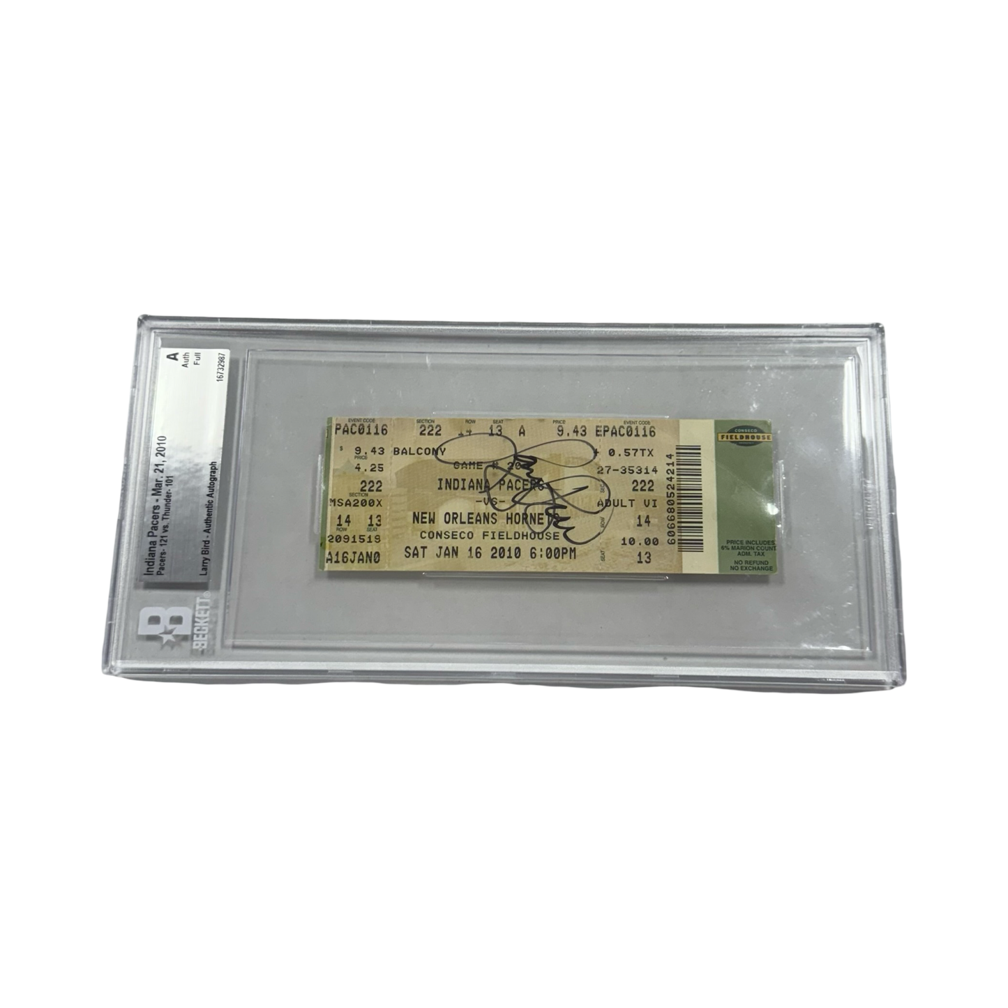 Larry Bird Autographed Indiana Pacers Ticket 3/21/2010 Beckett