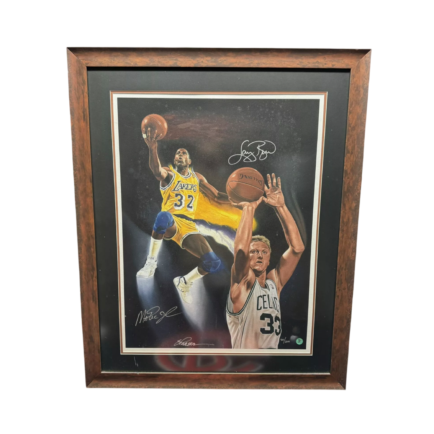Magic Johnson & Larry Bird Autographed Framed 22x28 Original Art All American COA