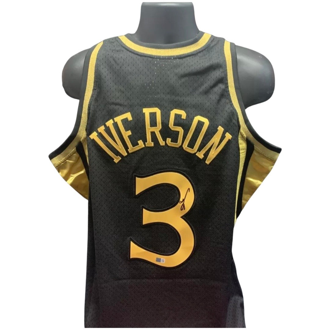 Allen Iverson Autographed Philadelphia 76’ers Black/Gold 1996-97 Mitchell & Ness Swingman Jersey Steiner CX