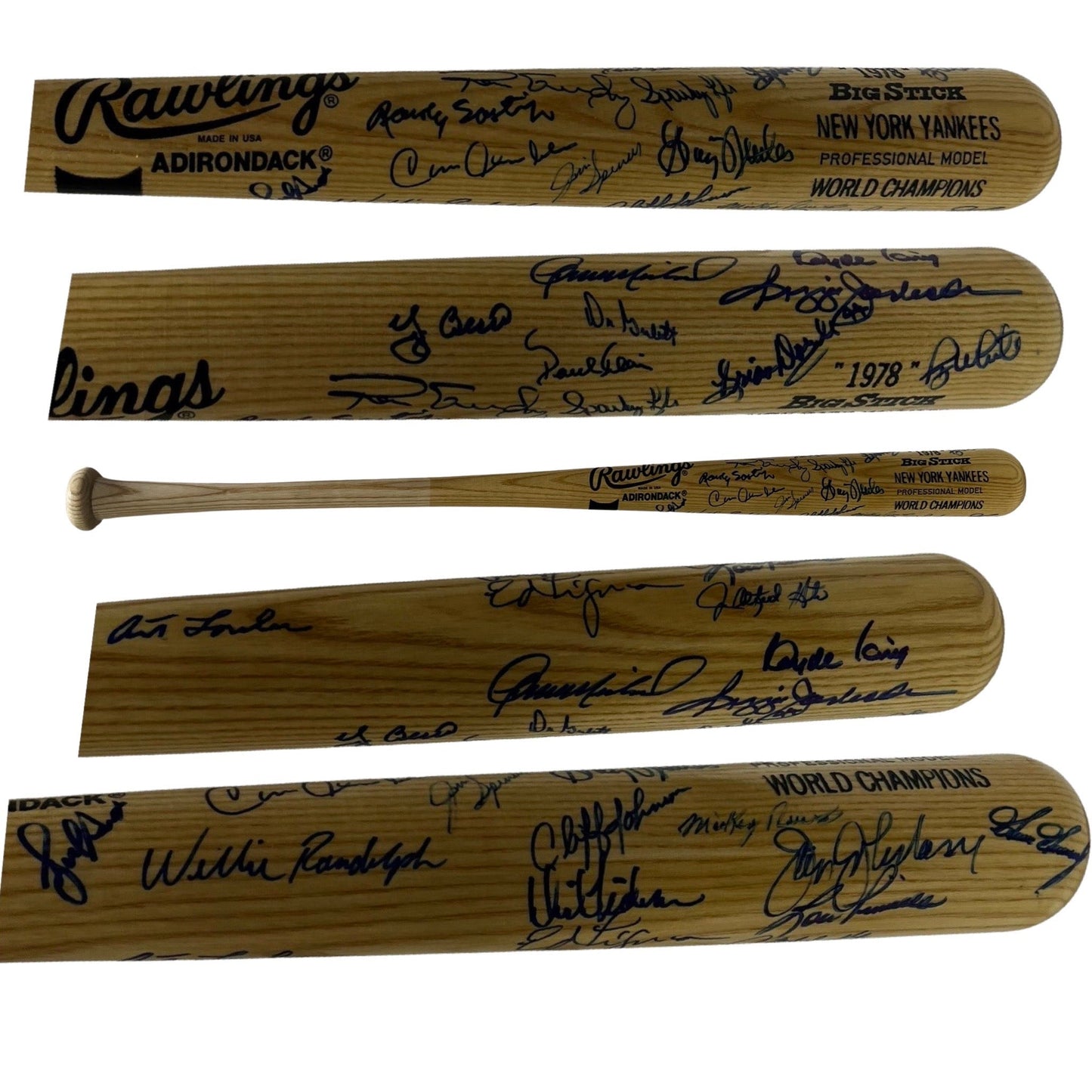 Reggie Jackson, Goose Gossage, Catfish Hunter, Yogi Berra, Willie Randolph, Chris Chambliss, Bucky Dent, Roy White, Ron Guidry 25 Total Sigs Autographed New York Yankees 1978 World Series Champions Rawlings Adirondack Bat JSA LOA