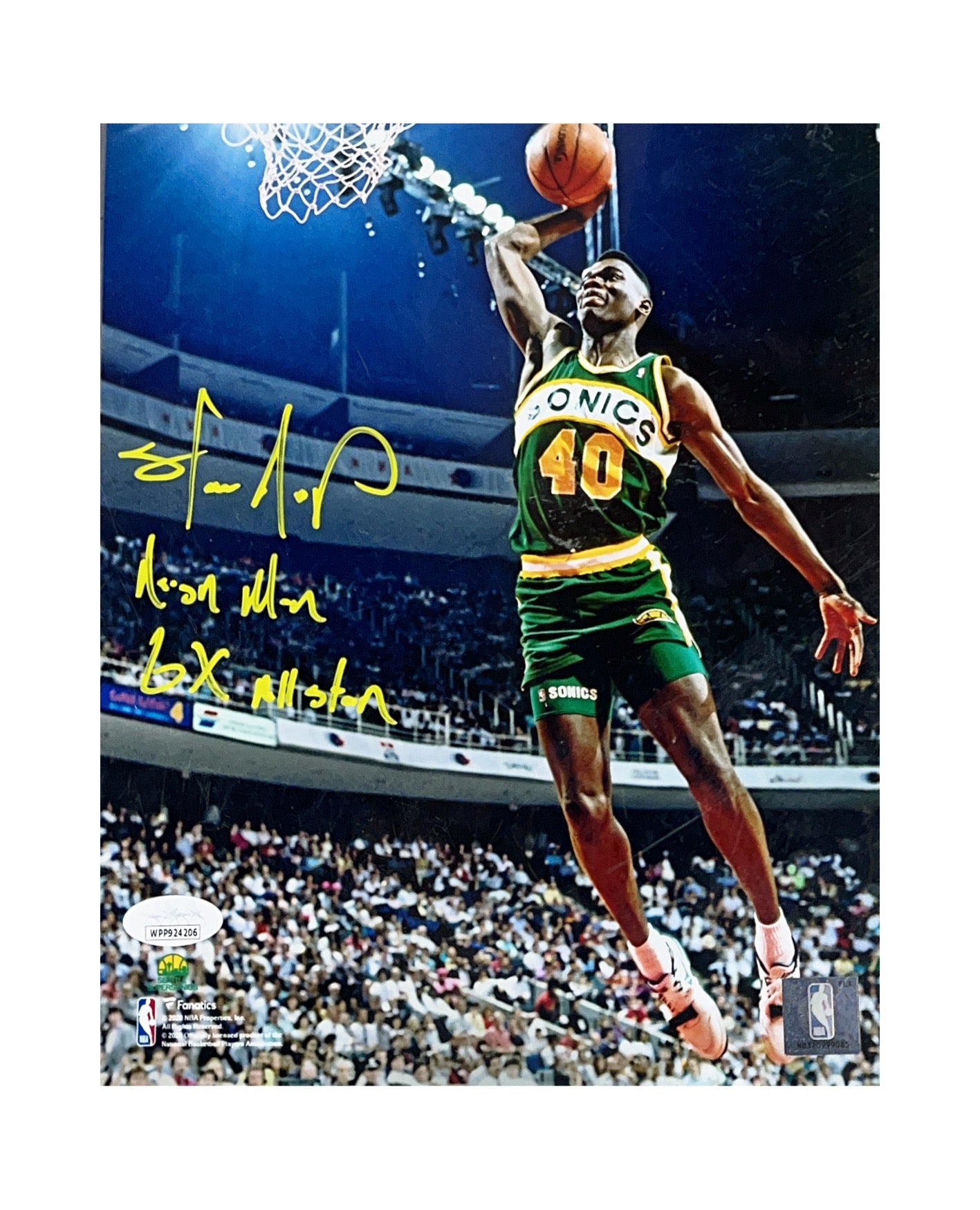 Shawn Kemp Autographed Seattle Supersonics 8x10 "Reign Man & 6x All Star" Inscriptions JSA