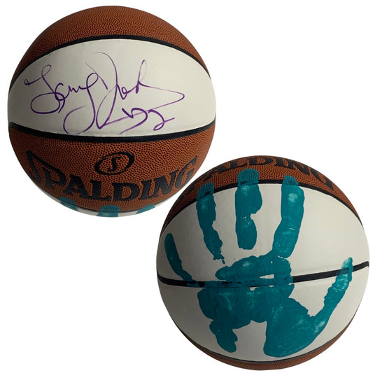 Larry Johnson Autographed Charlotte Hornets Spalding White Panel Basketball w/ Teal Handprint Steiner CX