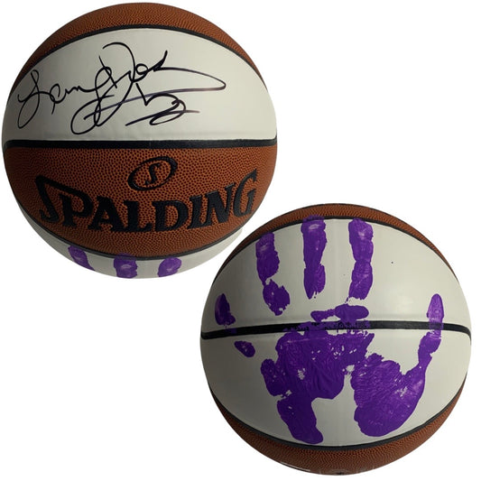 Larry Johnson Autographed Charlotte Hornets Spalding White Panel Basketball w/ Purple Handprint Steiner CX